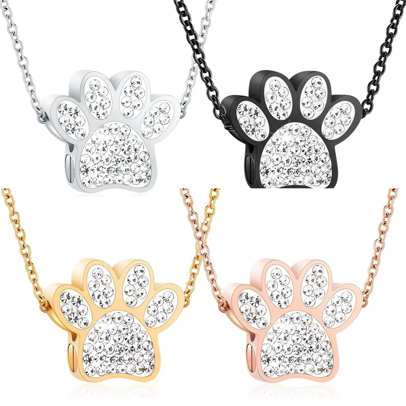 Stainless Steel Paw Print Urn Necklace For Pet Ashes Memorial Cremation Jewelry Rhinestone Inlaid Openable Keepsake Pendant Necklace