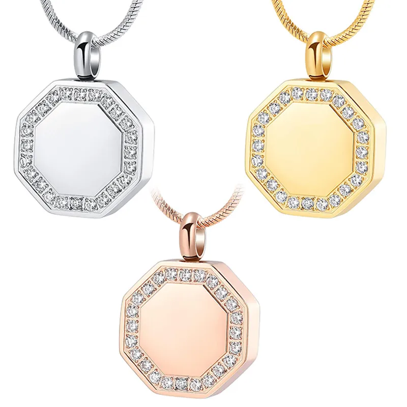 Geometric Octagon Cremation Urn Necklace For Ashes Stainless Steel Rhinestone Memorial Pendant Keepsake Ash Holder Jewelry For Women Men Pet