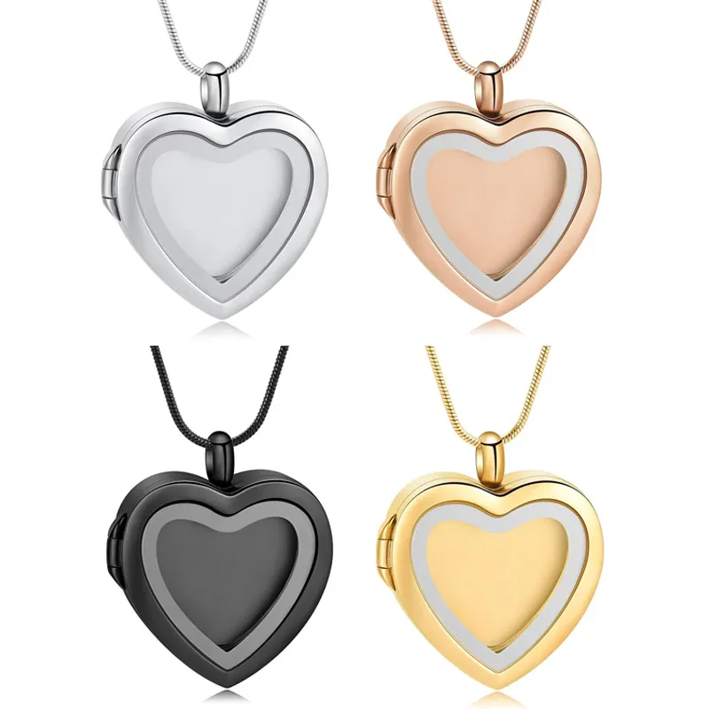Heart Shape Stainless Steel Glass Photo Frame Cremation Urn Pendant Necklace For Pet Memorial Hair Ashes Snake Chain Locket