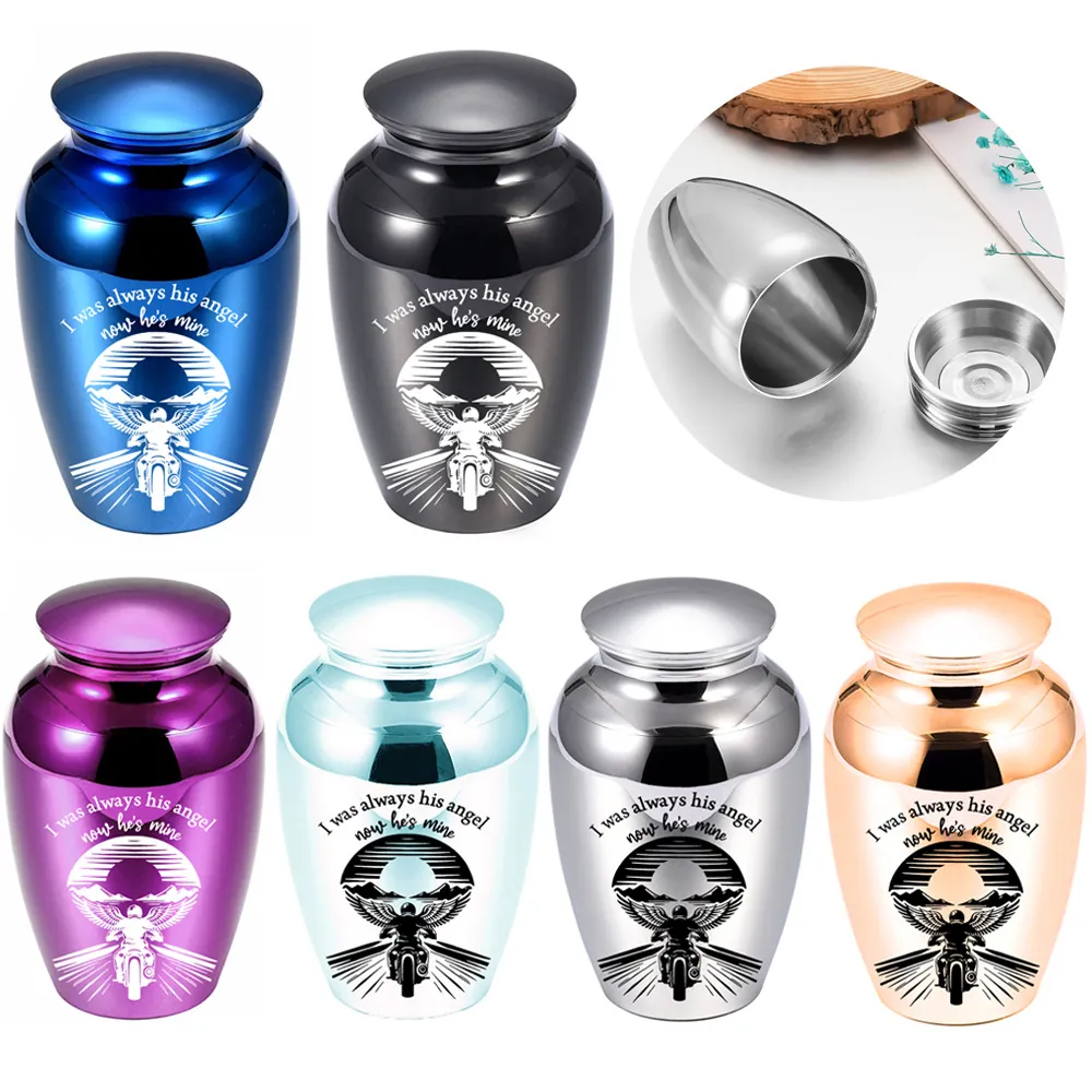 Mini Aluminum Alloy Memorial Urn For Pet Human Ashes Motorcycle Angel Engraved Small Keepsake Jar With Screw Lid