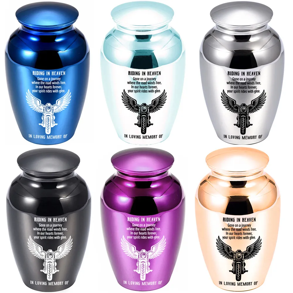 Aluminum Alloy Memorial Cremation Urn For Ashes Pet Human Memorial Keepsake Riding In Heaven Motorcycle Pattern Polished Jar