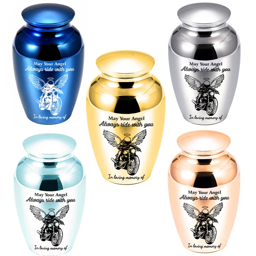 Aluminum Alloy Keepsake Urn Memorial Ash Jar With Angel Wing Motorcycle Motif For Pet Human Cremation Holder Funeral Container