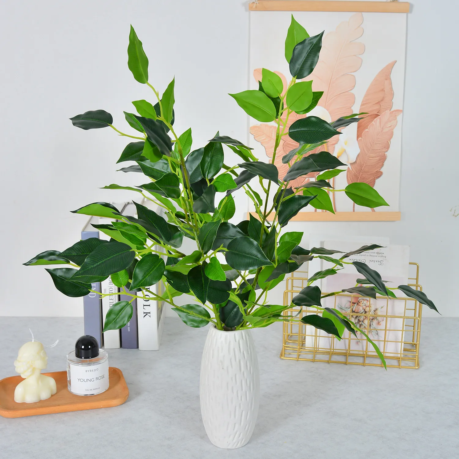Branche de Banyan Artificielle Feuilles de Ficus Réalistes Plantes Vertes en Plastique pour Décoration d'Aménagement Paysager de Bureau à Domicile Accessoires