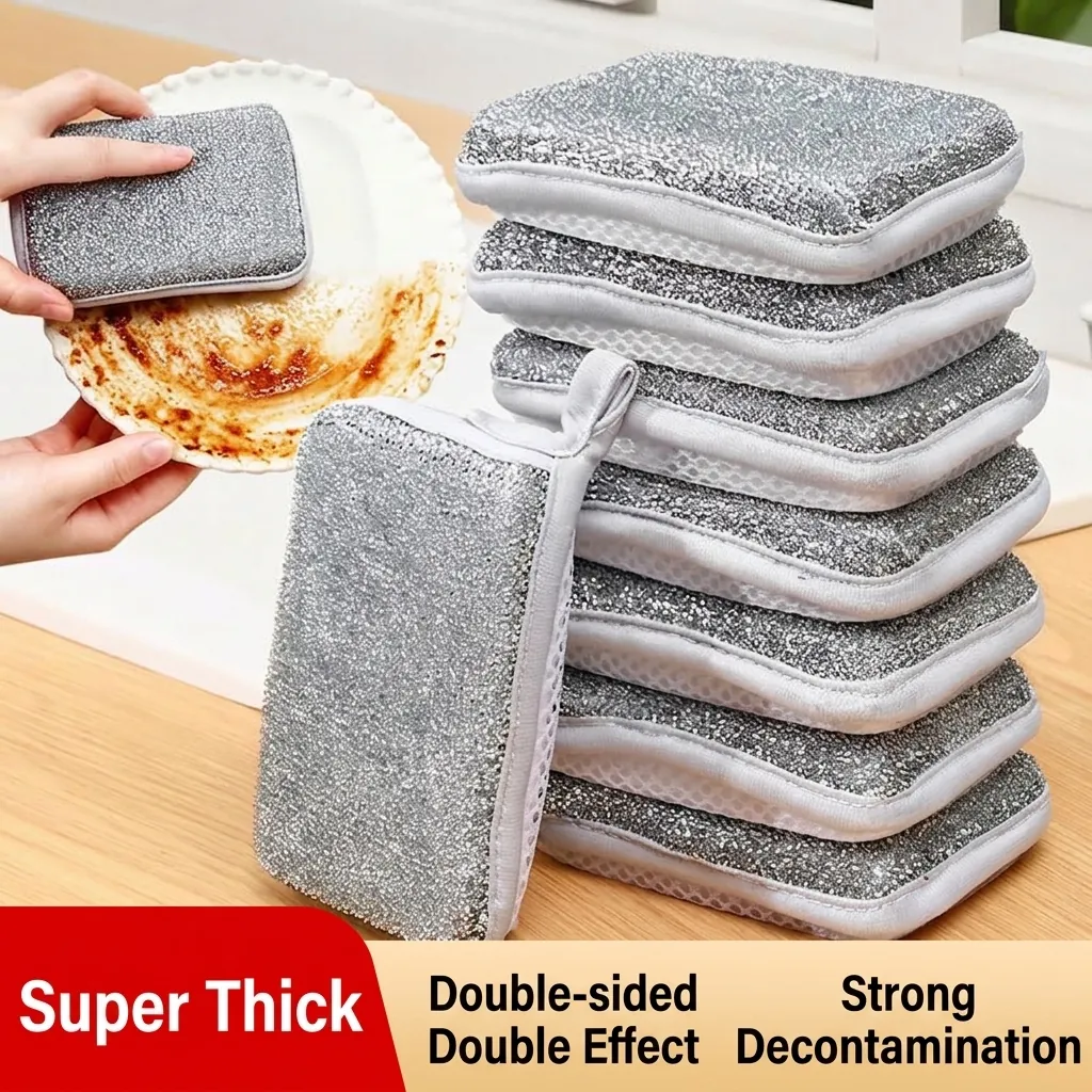 Double Sided Silver Wire Sponge Scrubber Steel Mesh Dishcloth Non Stick Kitchen Cleaning Pad With Silicone Heat Resistant Trivet Mat