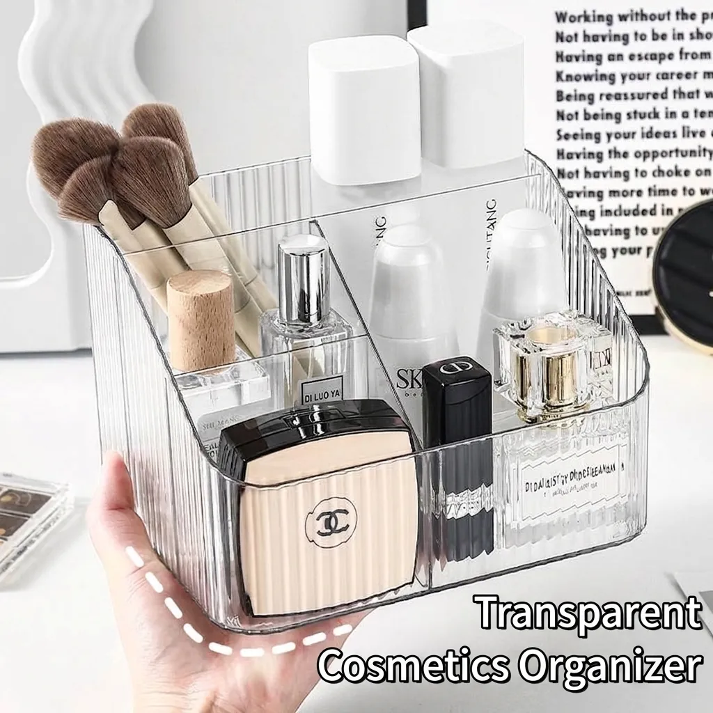 Transparent PET Multi-Compartment Desk Storage Box Vertical Stripe Cosmetic Organizer For Makeup Brushes Lipsticks Skincare Products Vanity Stationery Holder