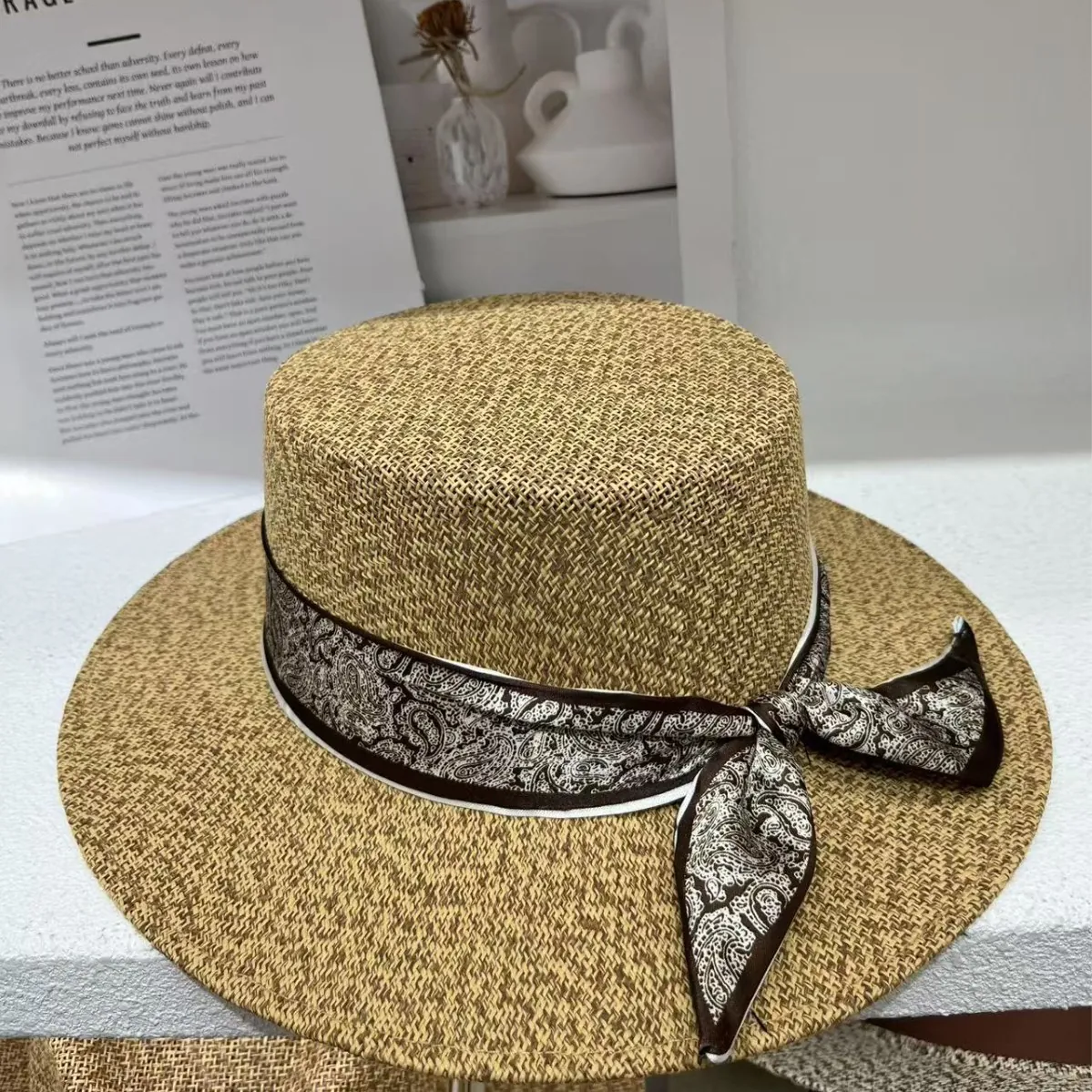 Vintage Boater Straw Hat Women Summer Beach Sun Hat With Paisley Ribbon Bow Hollow Woven Flat Top Lady Vacation Cap Wide Brim