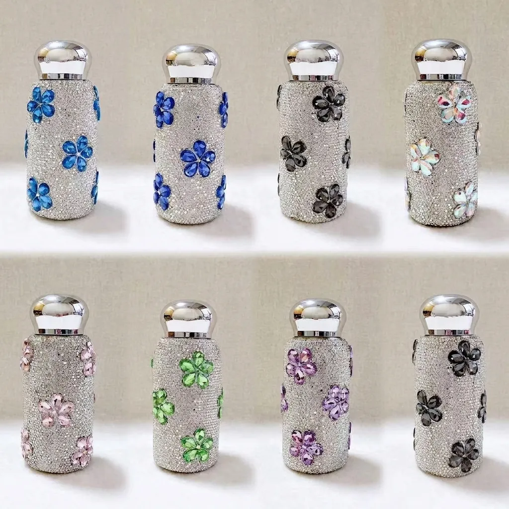 Luxus 304 Edelstahl Strass Thermoskanne Mit Kristall Blume Tragbare Tasche Tasse Girly Ins Stil Isolierte Wasserflasche Für Geschenk Büro Auto