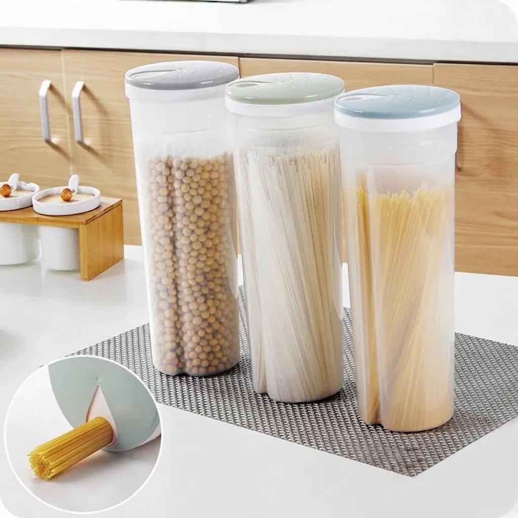 Transparent Round Plastic Noodle Storage Box With Quantitative Pouring Lid For Spaghetti Grains Food Container Organizer