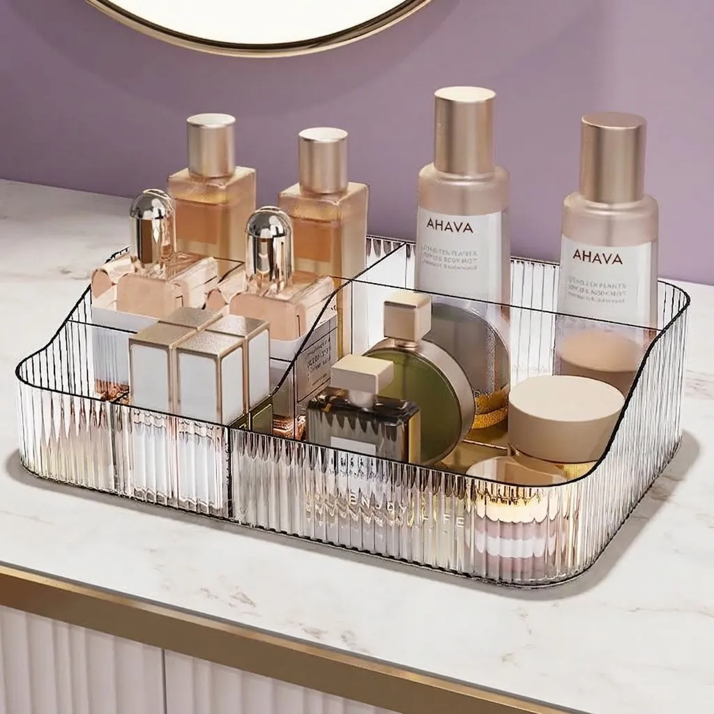 Großer PET Make-up Organizer Box Mehrfachfach Rippenstruktur Kosmetik Aufbewahrung Für Waschtisch Lippenstift Pinsel Hautpflege Organizer