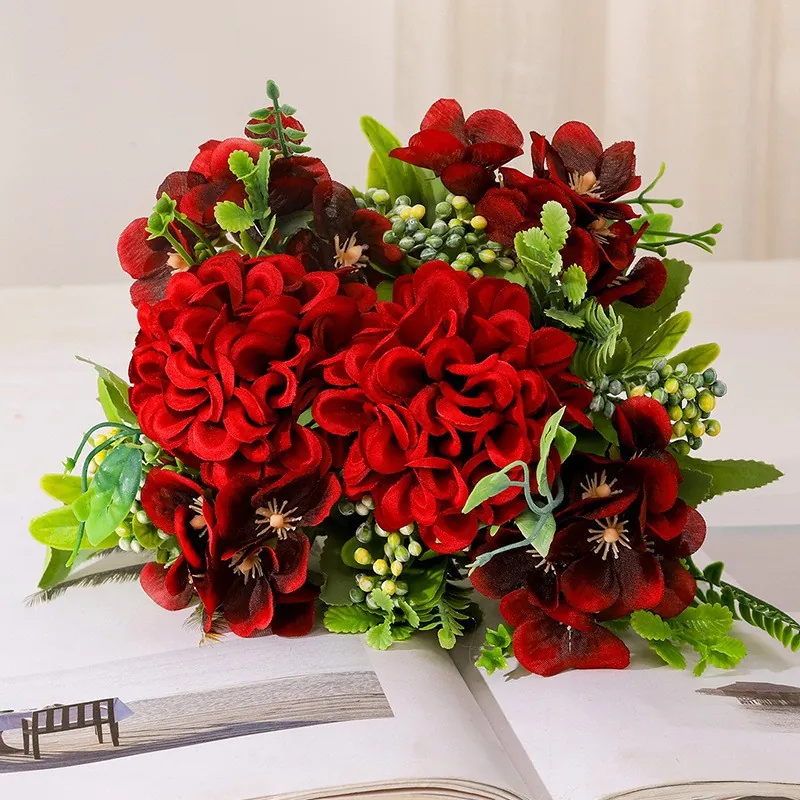 Artificial Silk Flower Bouquet Realistic Ping Pong Chrysanthemum Butterfly Ball Faux Flowers For Home Wedding Decor Photography Props