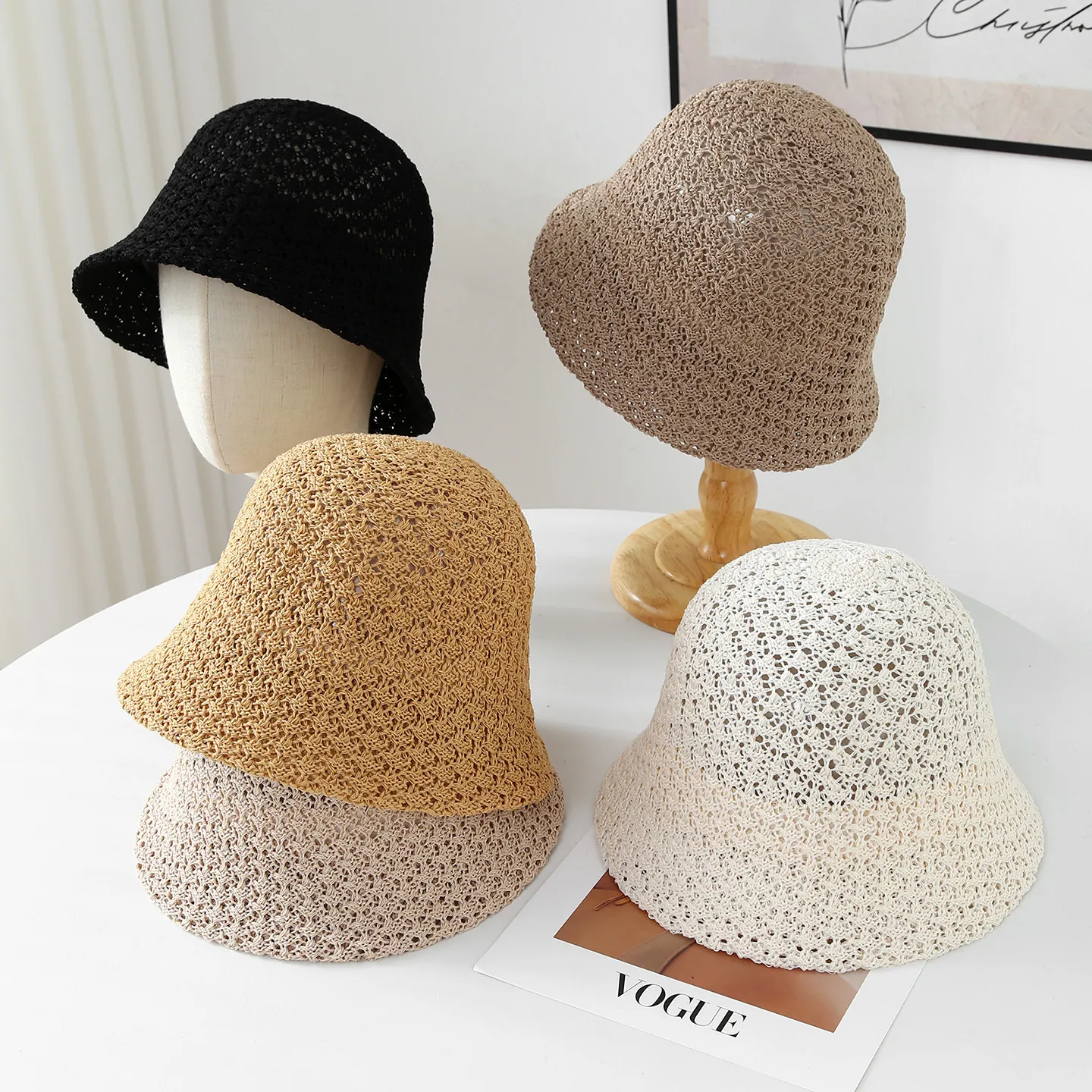 Women Handmade Paper Straw Bucket Hat Hollow Out Breathable Sun Protection Beach Sun Hat Foldable Wide Brim Fisherman Hat Summer