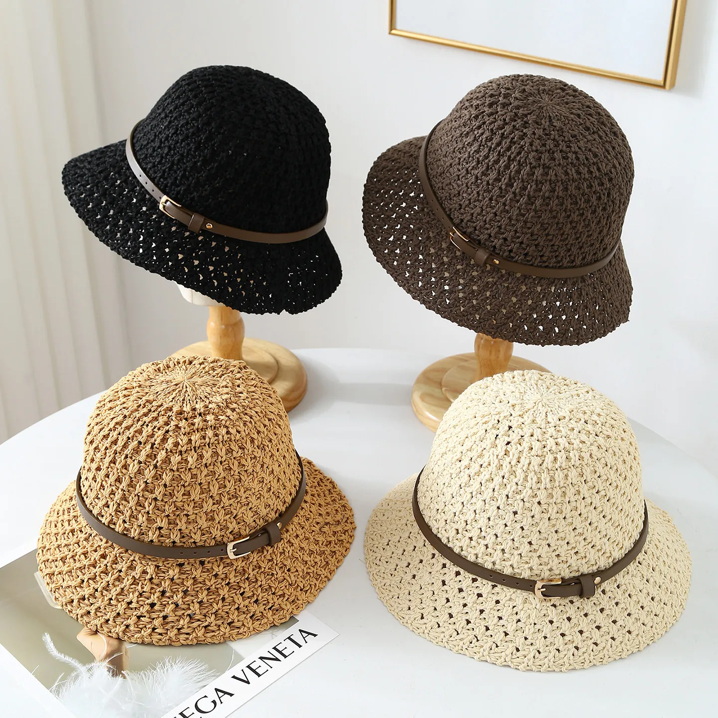Women's Hollow-out Crochet Paper Straw Sun Hat Fashion Wavy Edge Wide Brim Bucket Hat With Belt Decoration For Outdoor Travel Beach