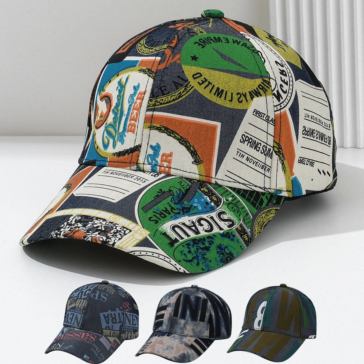 Men Retro Printed Baseball Cap Polyester Letter Puzzle Pattern Hip Hop Street Style Curved Brim Sun Hat For Outdoor Daily
