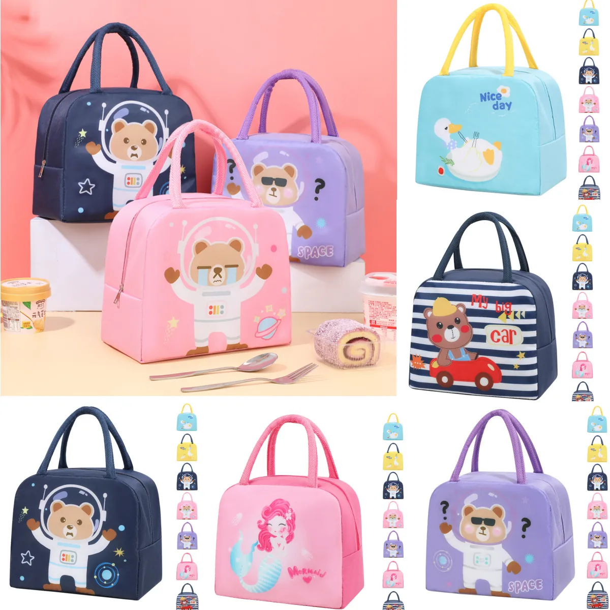 Japanese Style Insulated Lunch Bag Waterproof Oxford Cloth Aluminum Foil Lining Cartoon Thermal Bento Pouch Handheld Meal Container