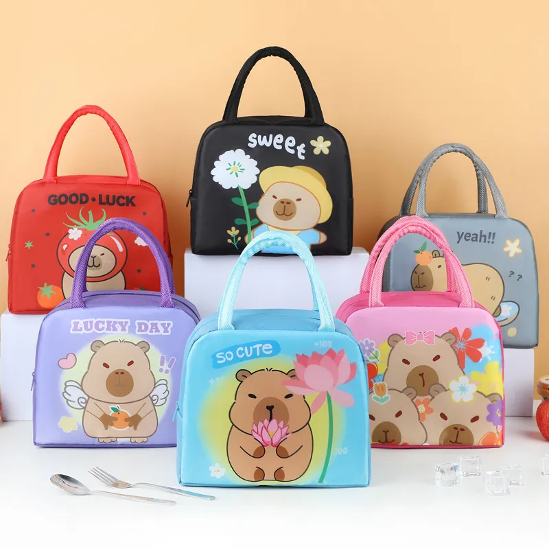 Cute Capybara Cartoon Insulated Lunch Bag Portable Oxford Cloth Thermal Bento Box Bag For School Office Picnic Women Kids