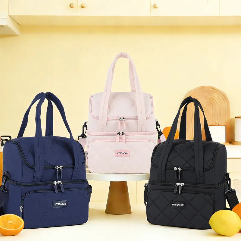 Doppellagige Isolierte Lunch-Tasche Für Damen Herren Gestepptes Nylon Wasserdicht Auslauffreie Thermische Bento-Tasche Für Die Arbeit