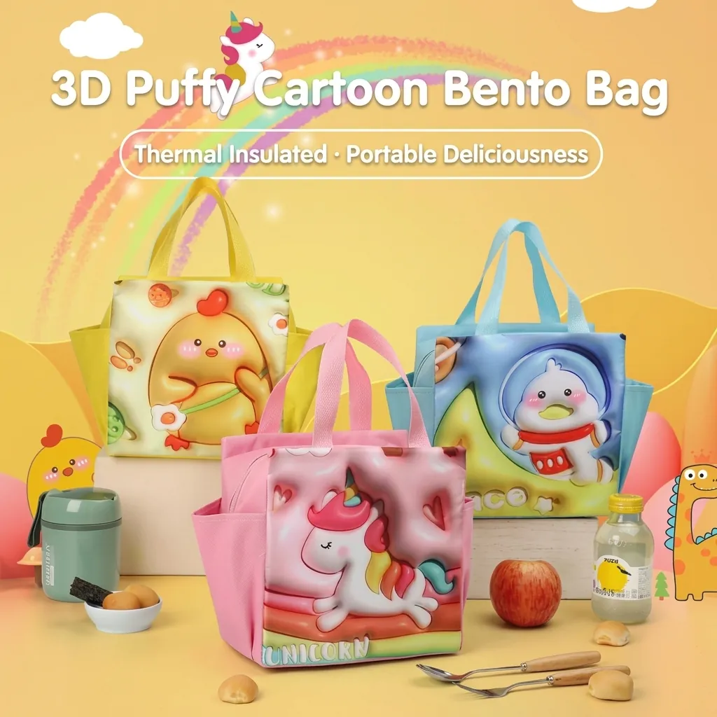 3D Cartoon Insulated Lunch Bag Oxford Cloth Thermal Lunch Box Pouch With Double Side Pockets For Kids Students Office Work Picnic