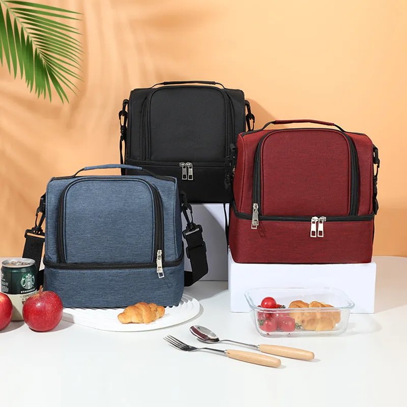 Large Capacity Double Layer Insulated Lunch Bag Oxford Cloth Thermal Bento Tote Picnic Cooler Bag With Shoulder Strap