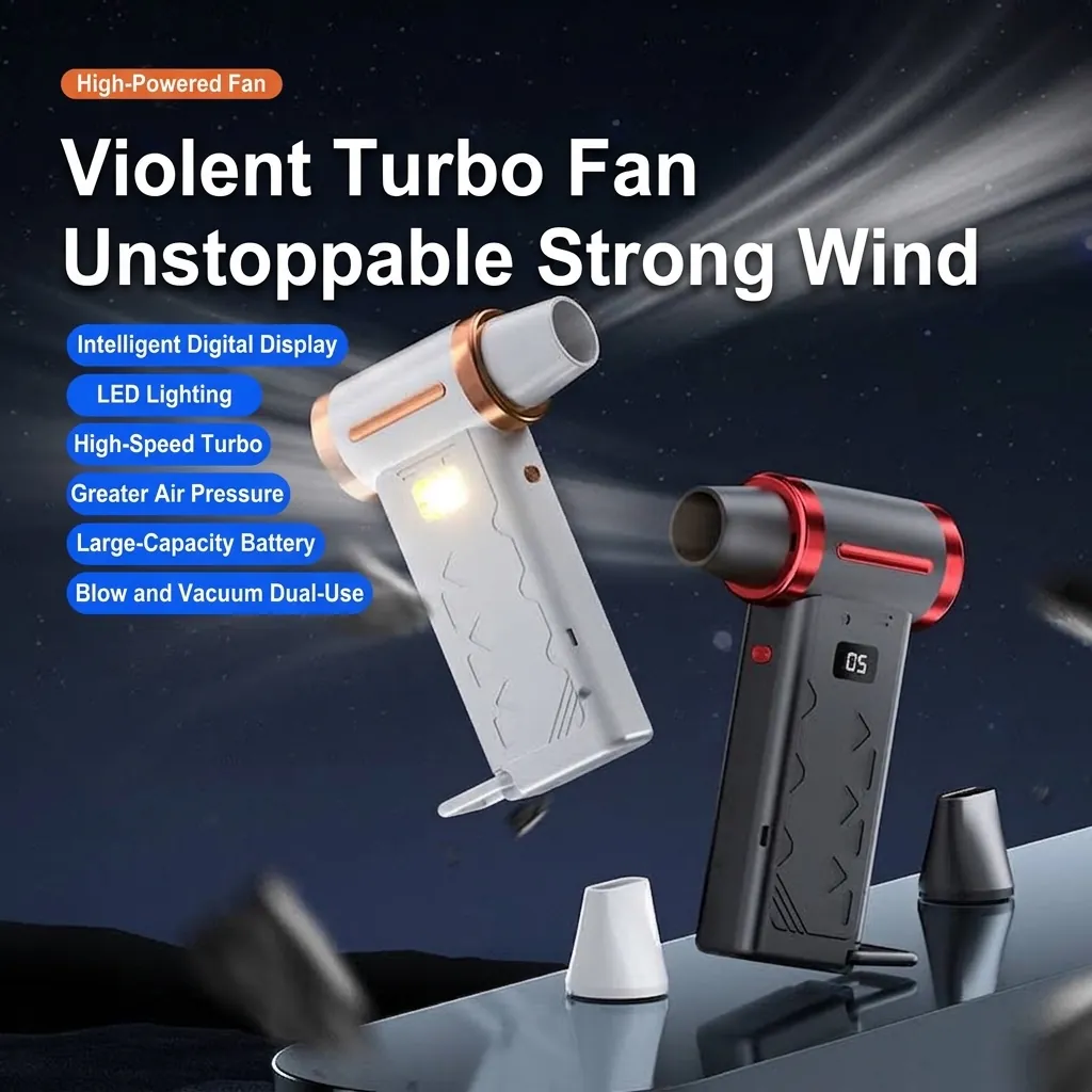 Portable Turbo Jet Fan High Speed Brushless Motor 6 Speed Adjust LED Light Emergency Window Breaker Digital Display Handheld Fan