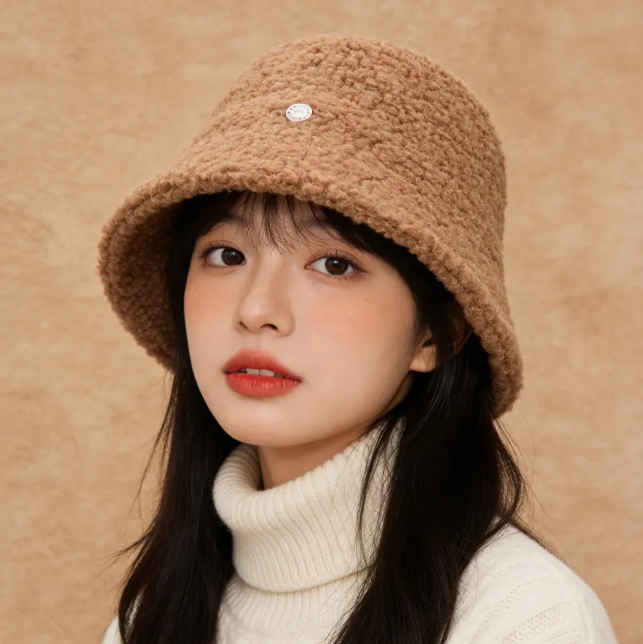 Women Autumn Winter Teddy Fleece Bucket Hat Solid Color Warm Grainy Polyester Cloche Hat Faux Fur Outdoor Fashion Basin Hat