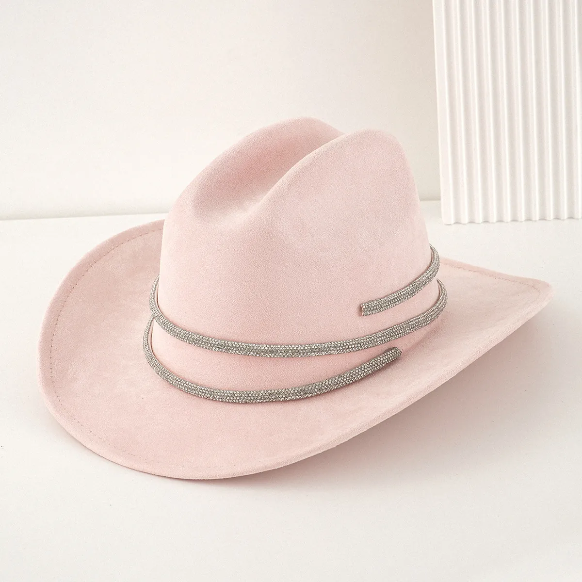 Damen Eleganter Rosa Polyester Cowboyhut Mit Strassband Fedora Westernhut Für Festival Party Hochzeitsfeier Mode Hut