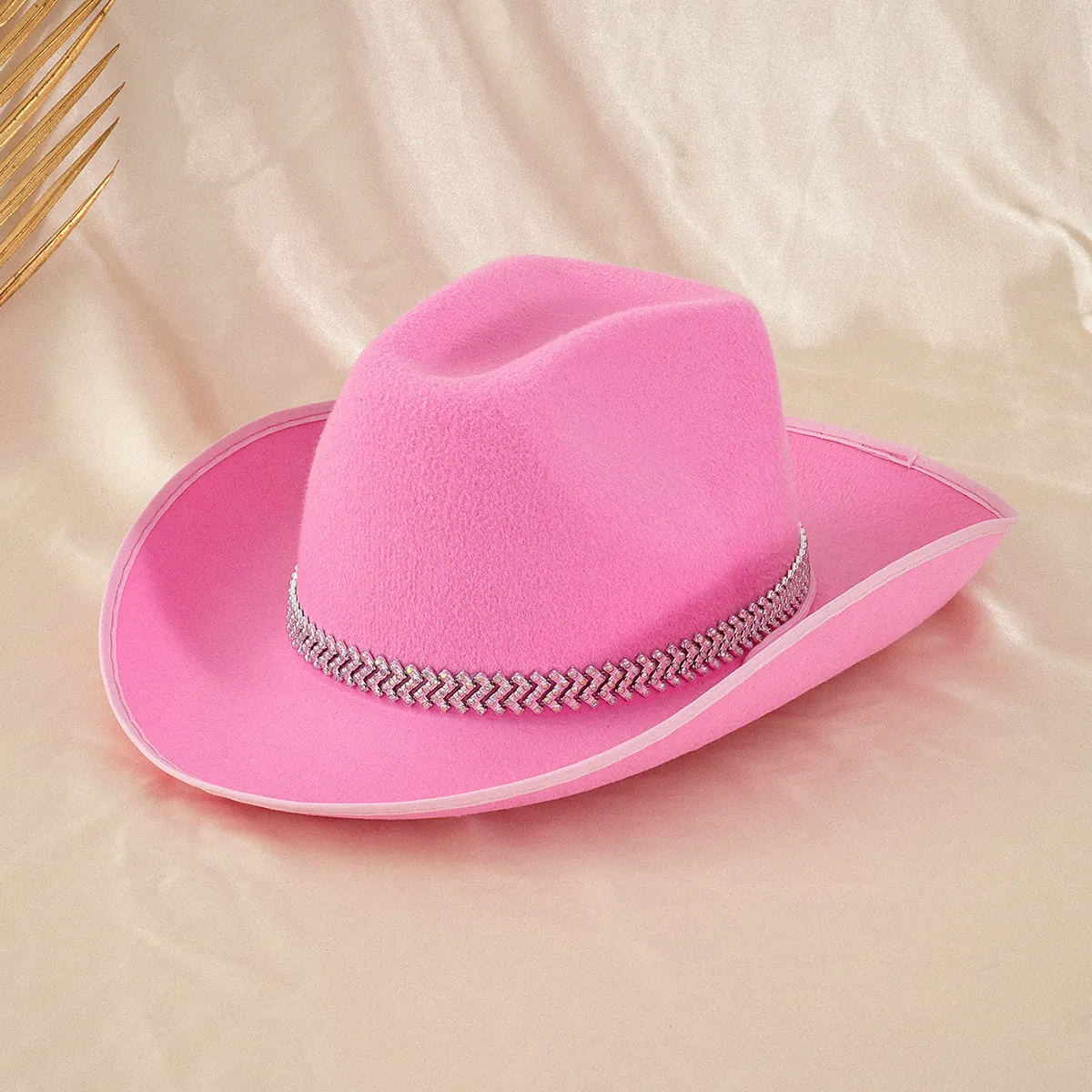 Damen Rosa Cowboyhut Boho Strass Fischgräten Gürtel Fedora Hut Für Konzert Party Musikfestival Polyester Hut