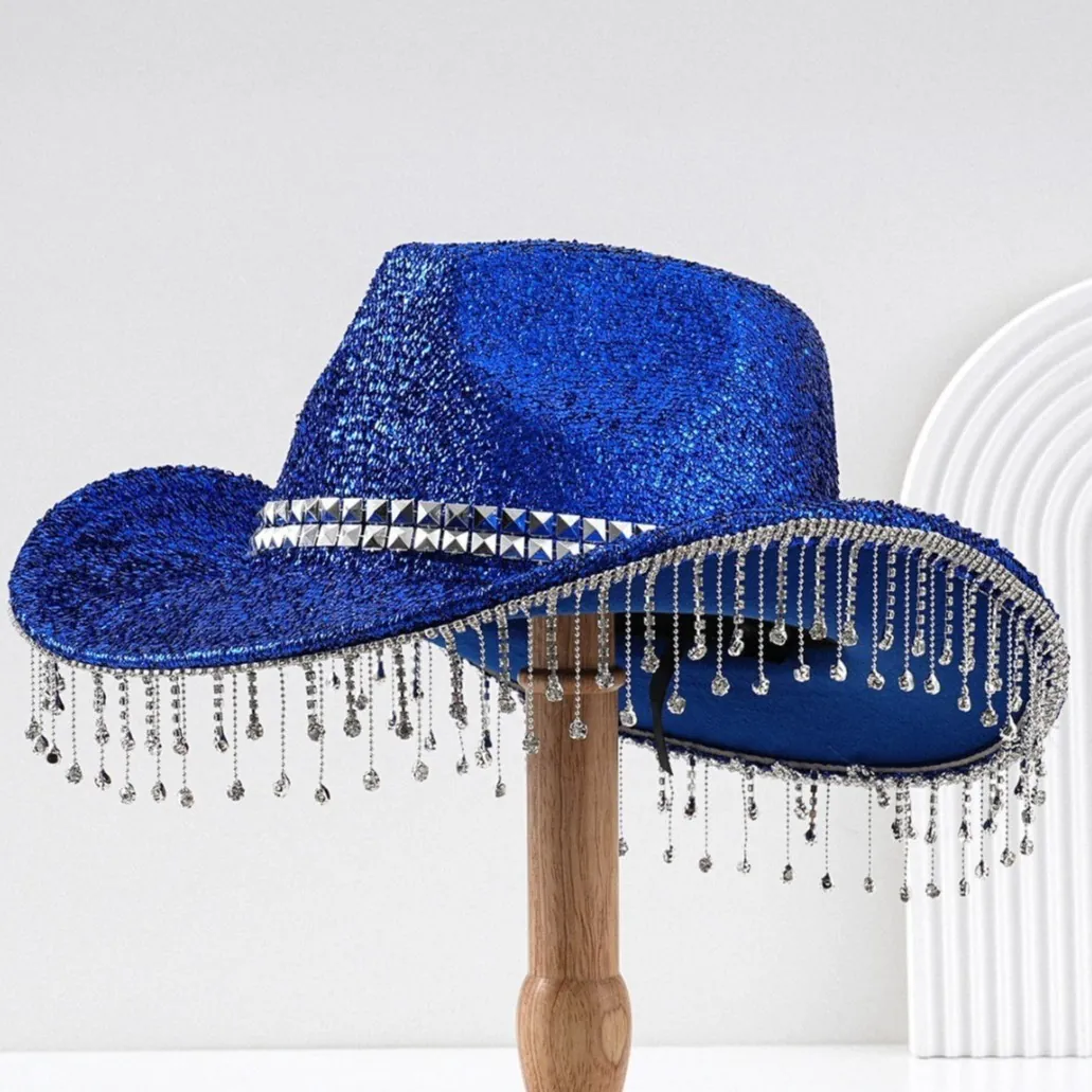 Y2K Retro Pailletten Jazz Cowboyhut Für Damen Herren Strass Quasten Breite Krempe Fedora Funkelnd Disco Party Hut