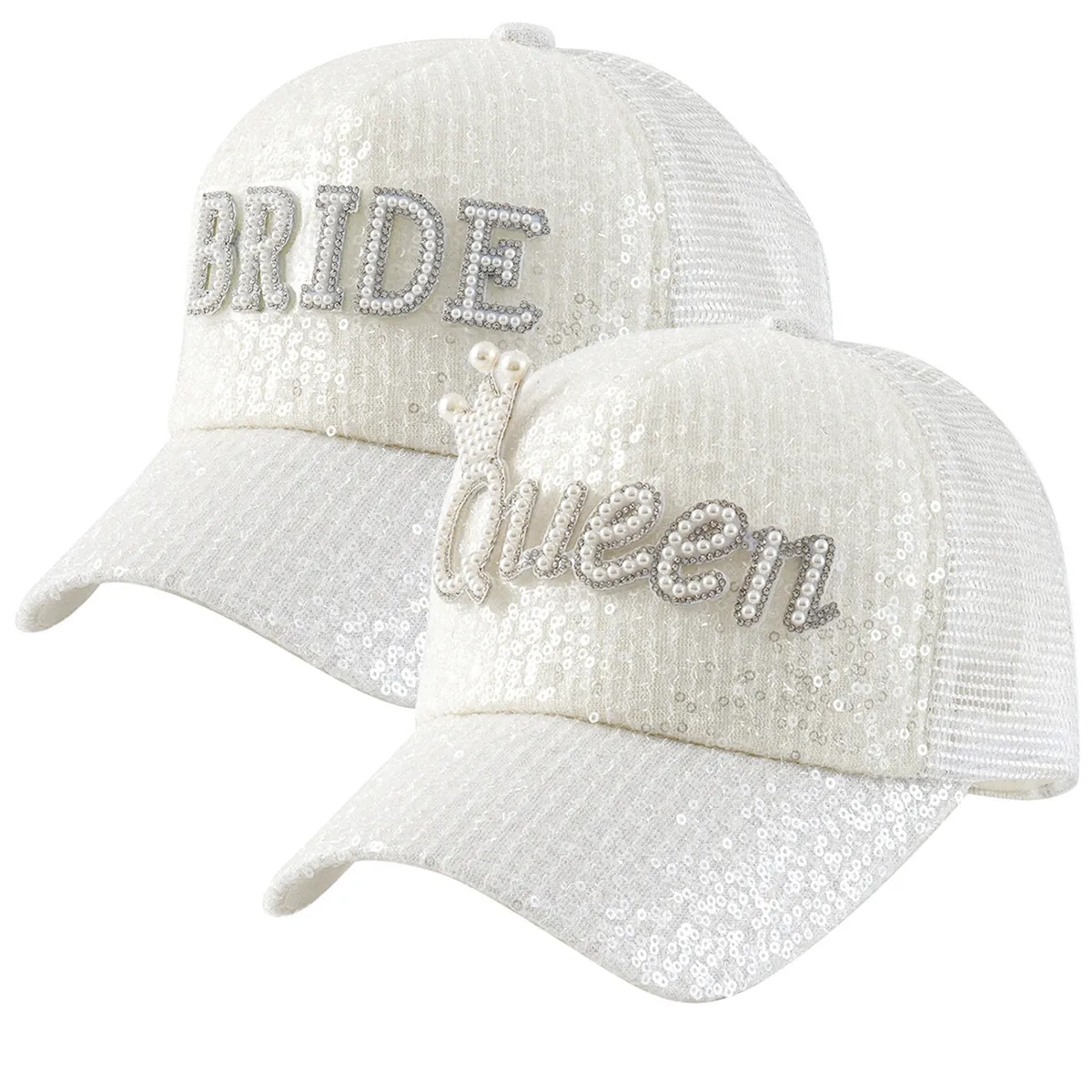Berretto da Baseball con Paillettes Bianche da Donna Perle Strass Queen Bride Lettering Mesh Back Trucker Hat Fashion Party Vacation Sun Hat