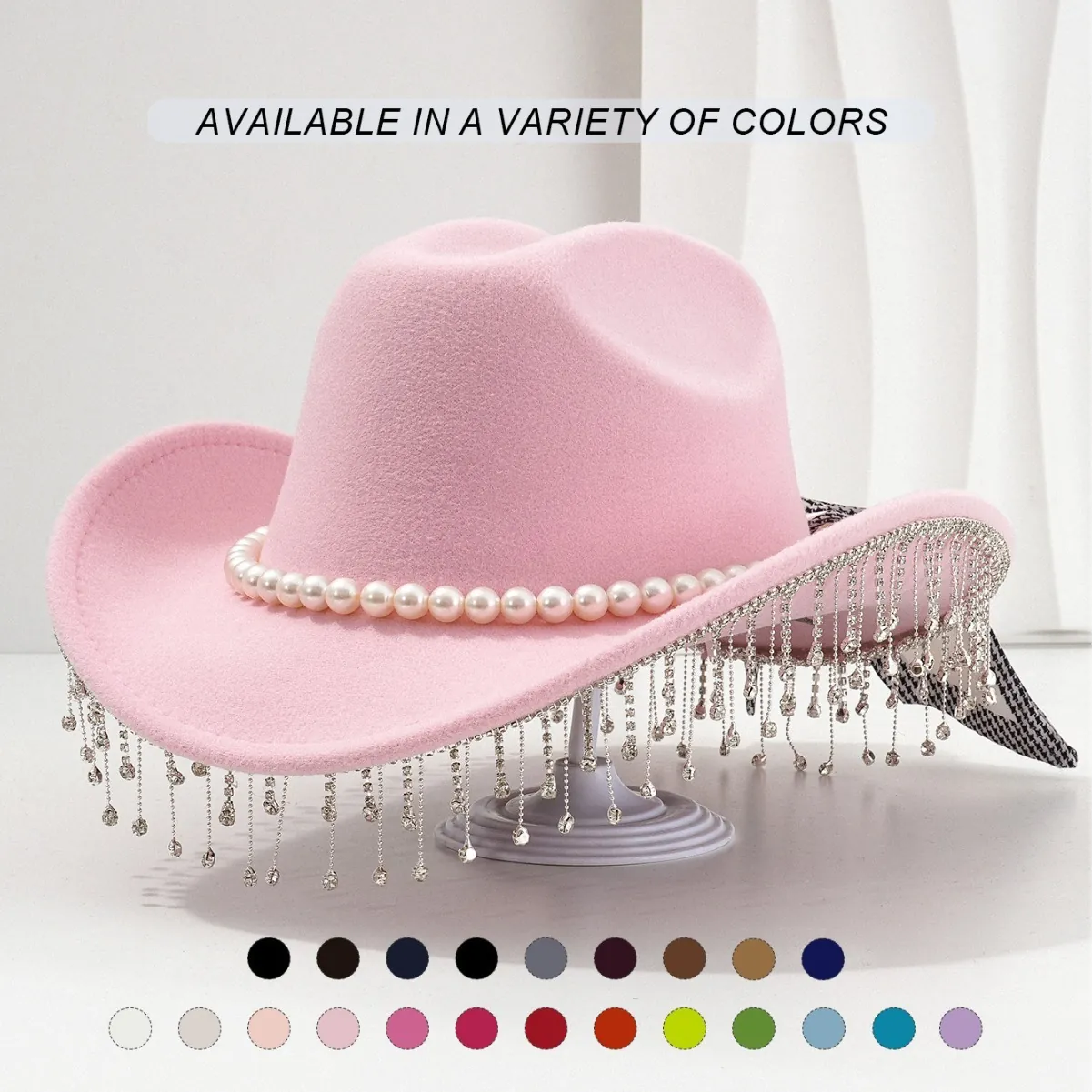 Women Polyester Fedora Hat With Artificial Pearl And Rhinestone Tassel British Retro Cowboy Party Sun Hat