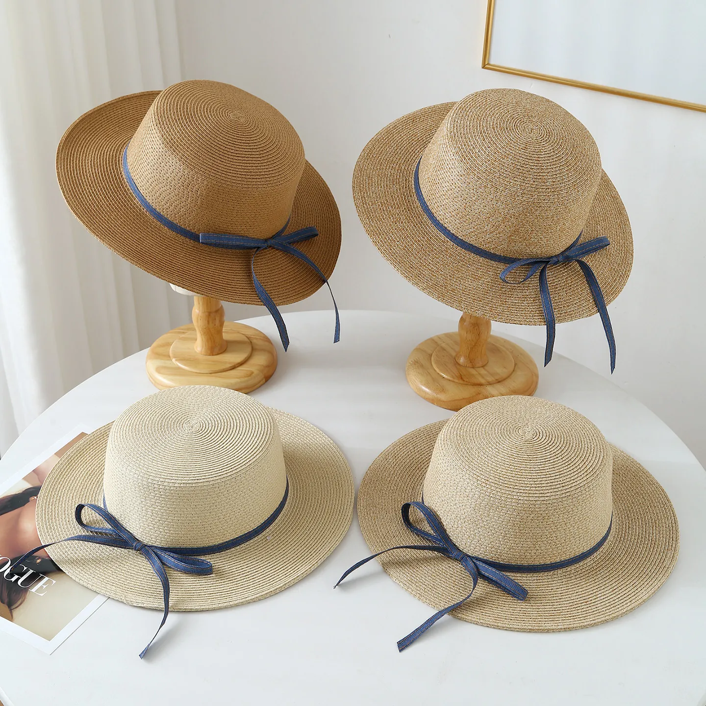 Women High Quality Raffia Straw Hat Summer Wide Brim Sun Hat Bowtie Ribbon Flat Top Beach Sunshade Fisherman Straw Hat