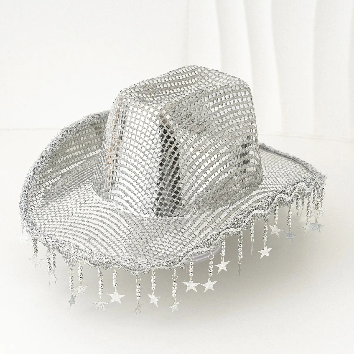 Silver Sequin Western Cowboy Hat With Star Tassel Fringe Disco Party Stage Props Wide Brim Jazz Fedora For Women Men