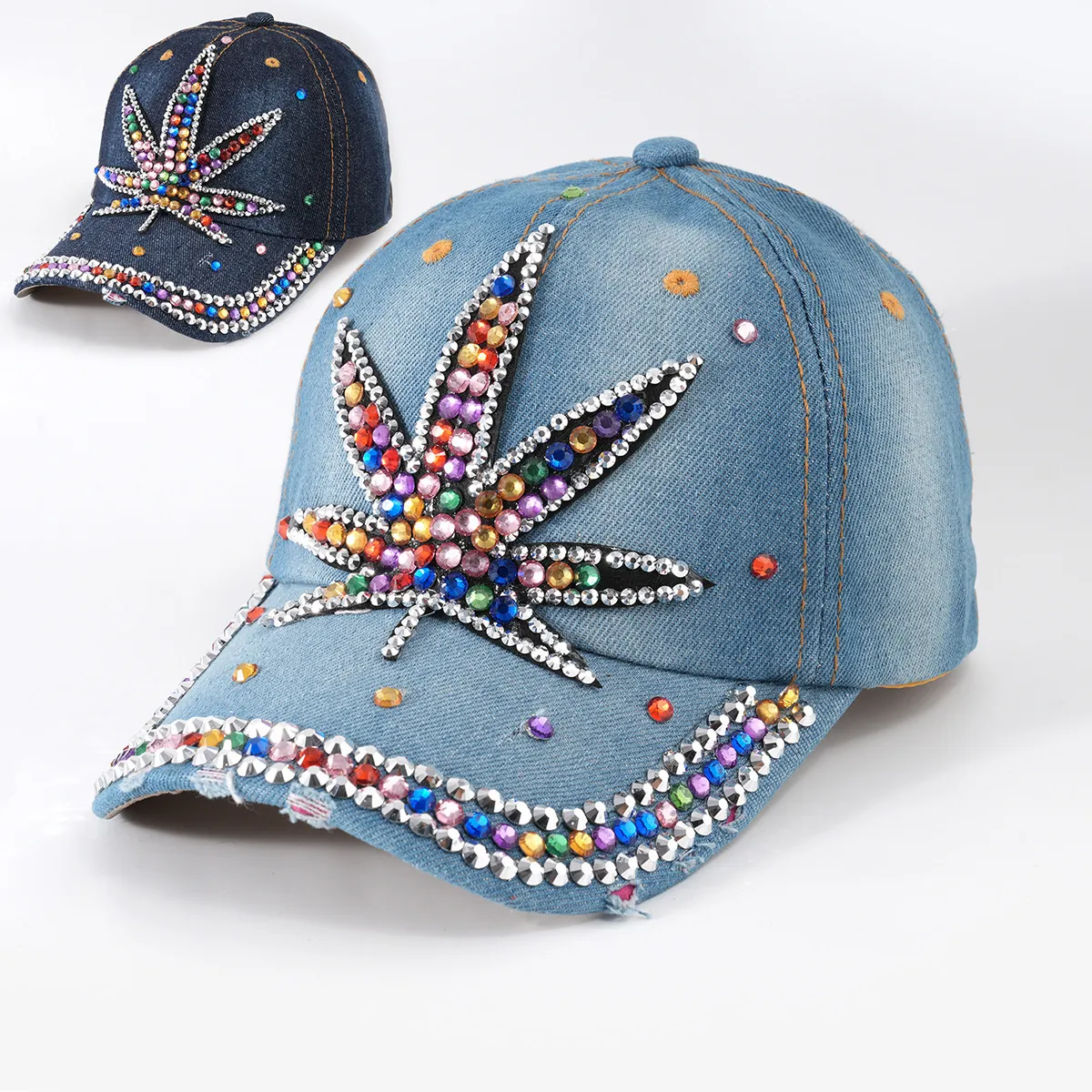 Westliche Schwere Handarbeit Strass Denim Baseballkappe Hip Hop Streetwear Verstellbarer Sonnenhut Für Damen Herren