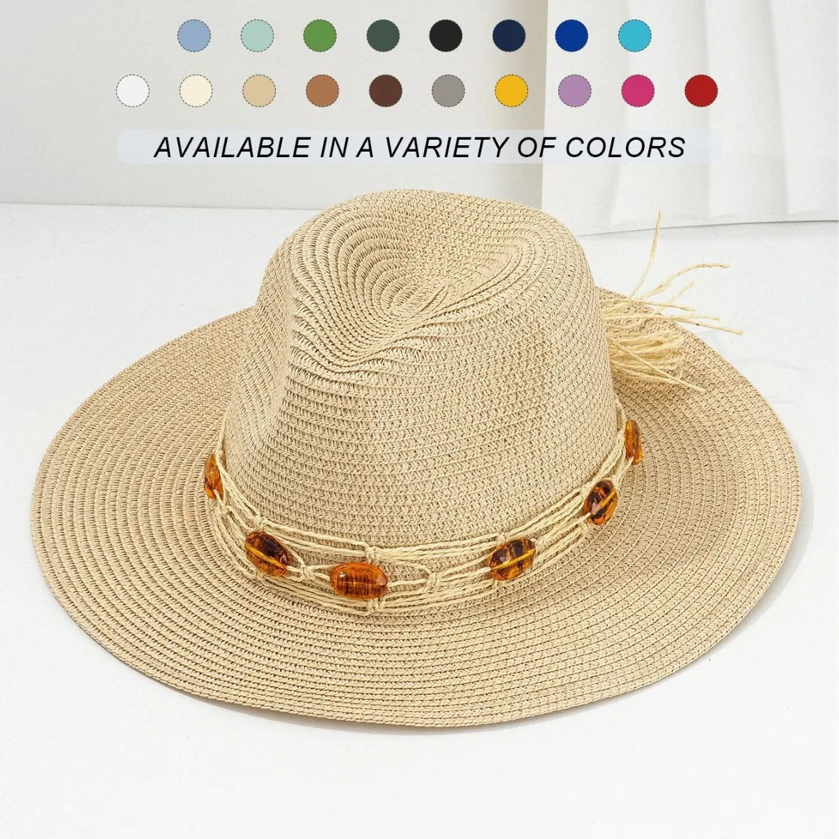 Panama Style Handwoven Paper Straw Hat For Women Unisex Beach Sun Hat With Amber Stone Decoration Wide Brim Cowboy Hat For Summer Vacation