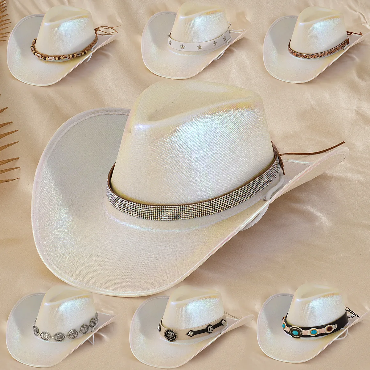 Cappello da Cowboy Bianco Iridescente per Donna Fedora Olografico Glitter Hat con Decorazione in Strass a Tesa Larga Western