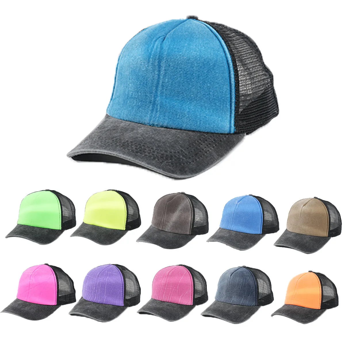 Unisex Trucker Hat Atmungsaktive Mesh Baseball Kappe Einfarbig Washed Denim Stil Verstellbar Sonnenhut Für Damen Herren Outdoor