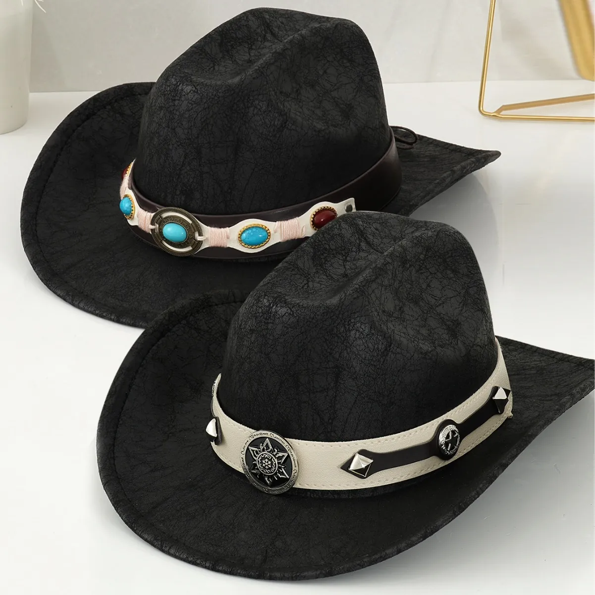Western Cowboy Hat Vintage Wide Brim Sun Hat With Turquoise Rivet Belt For Women Men Black Outdoor Travel Fedora Hat