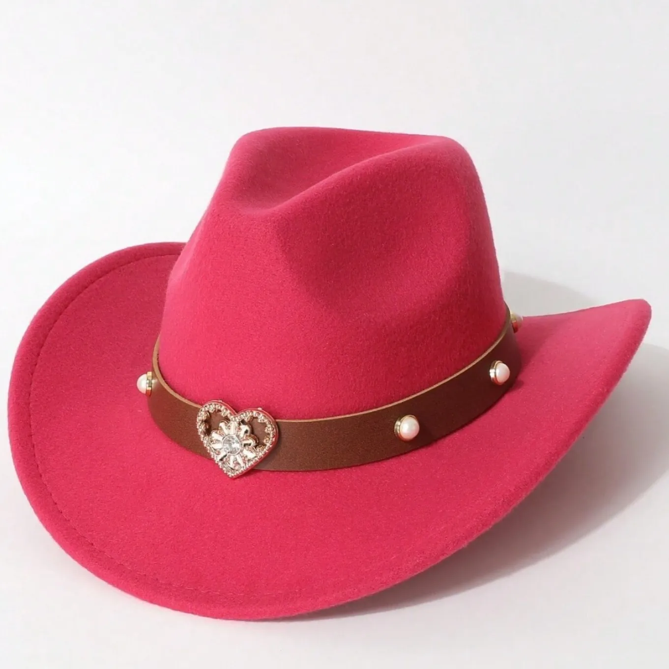 Vintage Women Western Cowboy Hat Polyester Felt Fedora Hat With Heart Rhinestone Pearl Belt Wide Brim Jazz Hat For Party Festival