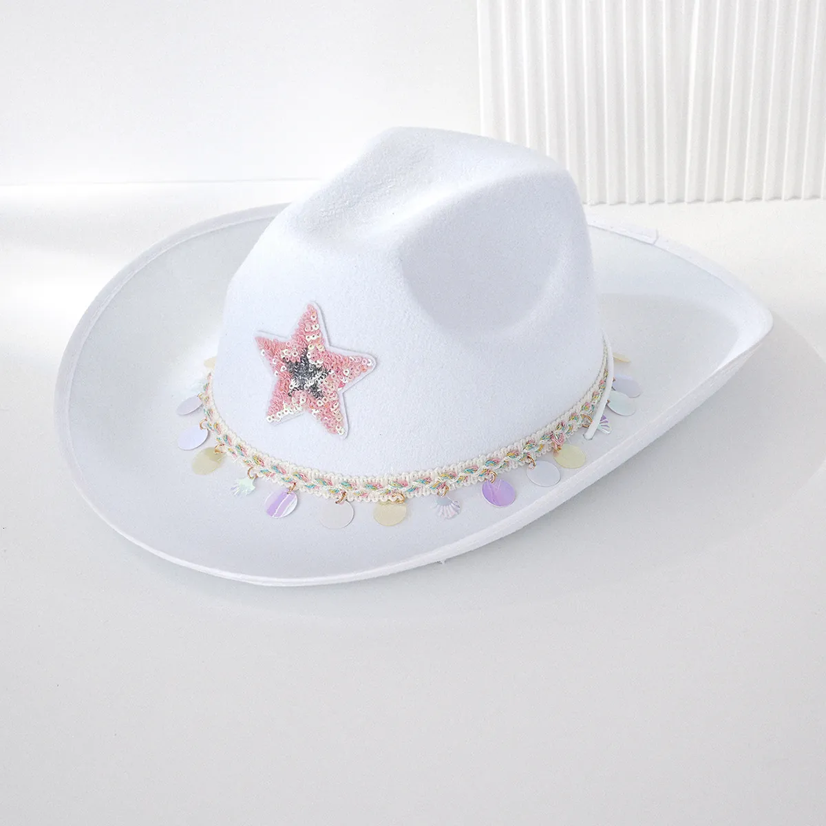Damen Weißer Cowboyhut Mit Rosa Pailletten Stern Und Schillernden Quasten Heavy Work Bühne Performance Party Fedora Hut Für Damen