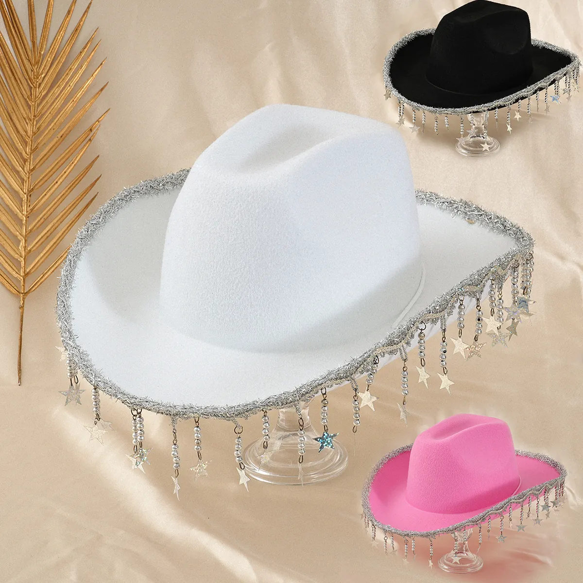 Damen Y2K Rosa Cowboyhut Mit Sternen Pailletten Quaste Perlenfransen Western Cowgirl Fedora Hut Für Party Bühne Performance