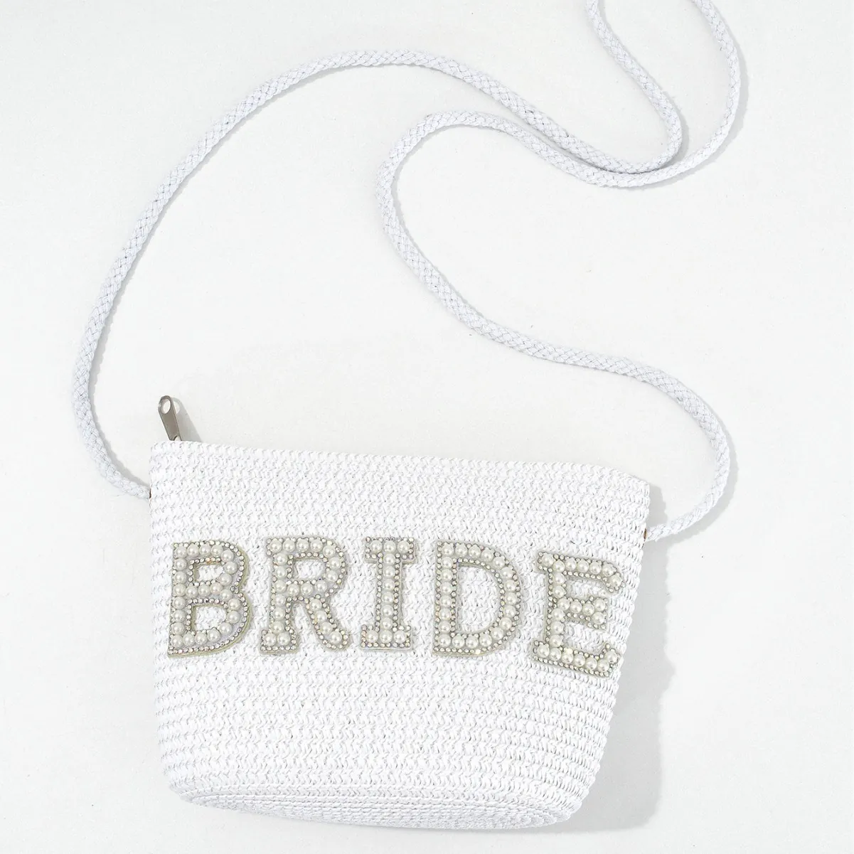 Women Woven Straw Crossbody Bag With Artificial Pearl Rhinestone Bride Letters For Wedding Vacation Party Bridesmaid Gift Handbag