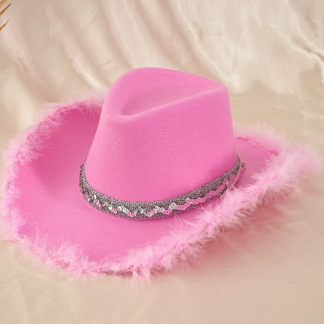 Damen Rosa Western Cowboyhut Eleganter Federbesatz Fedora Hut Mit Paillettenband Für Party Hochzeit Kostüm Zubehör