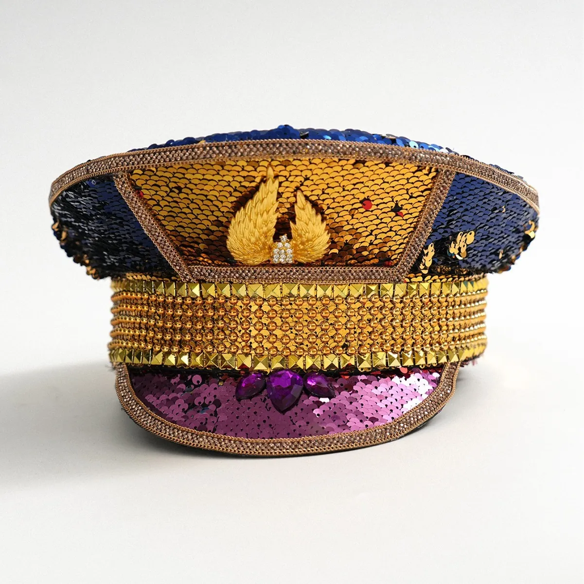 Y2K Style Stage Performance Hat Shiny Color Block Sequins Gold Wings Purple Rhinestone Embellished Disco Party Military Flat Top Captain Hat For Men Women Stage Accessory