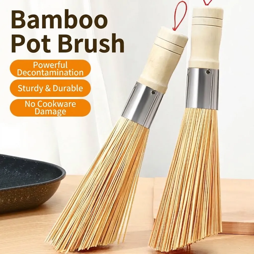 Natural Bamboo Pot Brush Wood Handle Stainless Steel Kitchen Scrubber Durable Scouring Tool for Pan Dish Cleaning