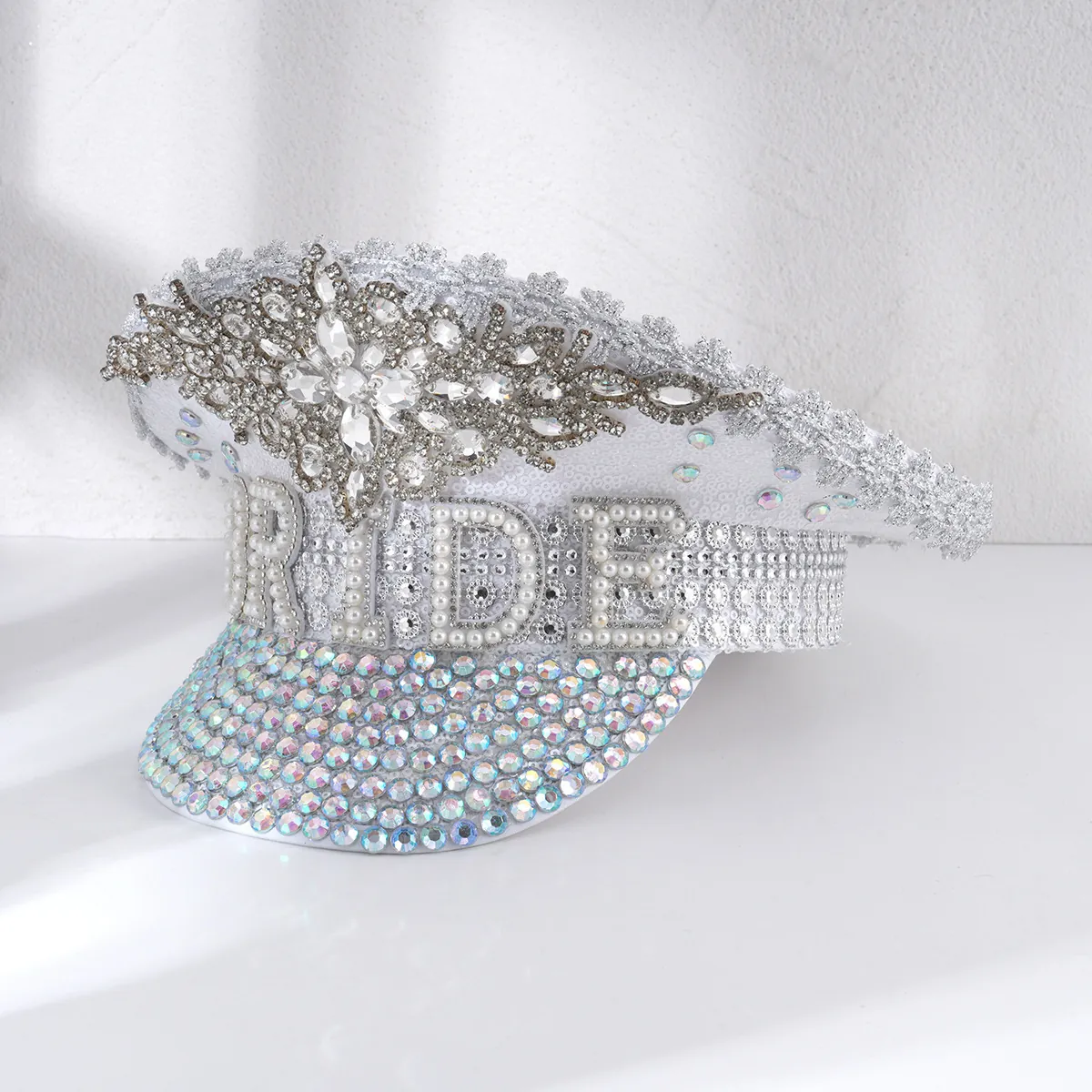 Luxury White Bride Rhinestone Captain Hat Pearl Letter Sequin Military Style Party Hat For Wedding Ceremony Bachelorette Fashion Accessory