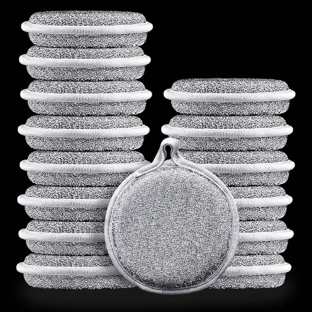 Thickened Silver Silk Scouring Pad Round Double Sided Dishwashing Sponge Cleaning Pad With Hanging Loop For Kitchen Pot Bowl