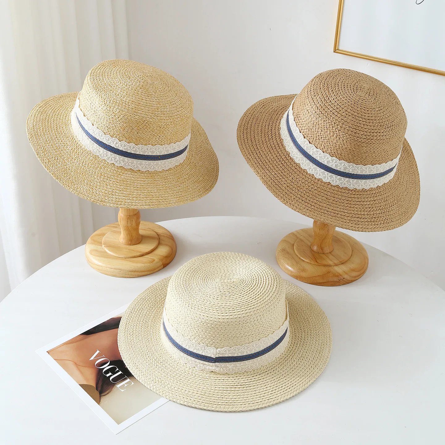 French Raffia Paper Straw Hat Women Summer Beach Vacation Sun Protection Large Brim Boater Hat Lace Ribbon Decor Sunshade Flat Top Hat