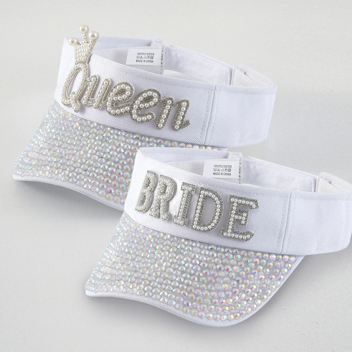 Damen Strass Künstliche Perle BRIDE QUEEN Sonnenblende Hut Polyester Verstellbar Sommer Party Hochzeit Strand Visier