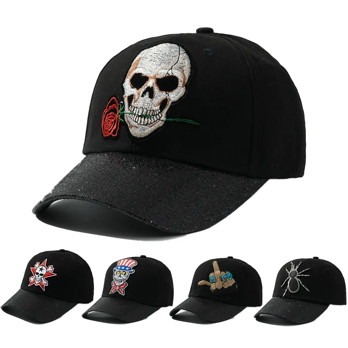 Berretto da Baseball Hip Hop Unisex Nero Cappello Intrecciato Con Ricamo Teschio Rosa Ragno Tesa Glitter Moda