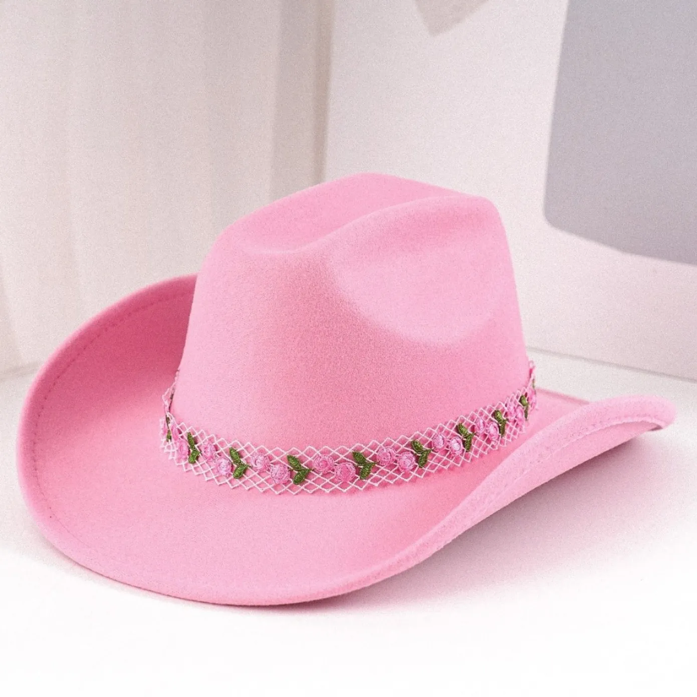 Vintage Filz Cowboyhut Für Damen Mit Rosenstickerei Netzband Western Filzhut Süßes Rosa Party Zubehör Valentinstag Geschenk