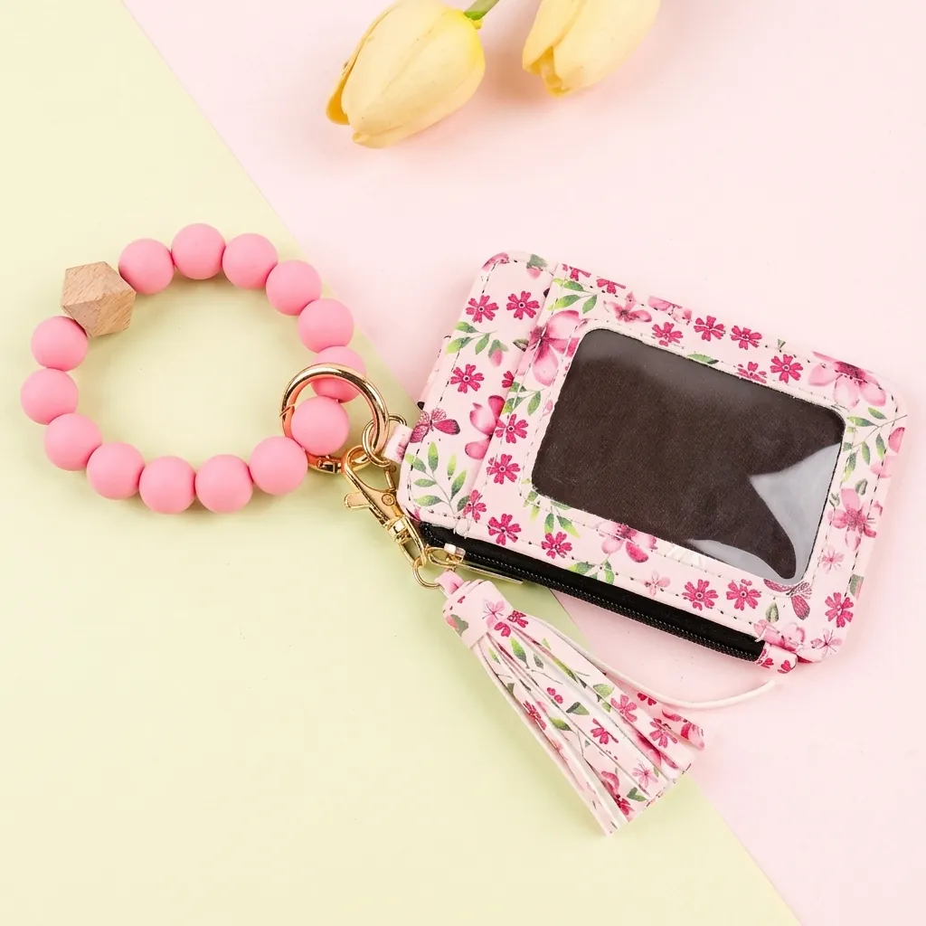 Floral Print PU Leather Card Holder Wallet With Silicone Bead Wristlet Keychain Tassel Bangle Wallet For Women Daily Use